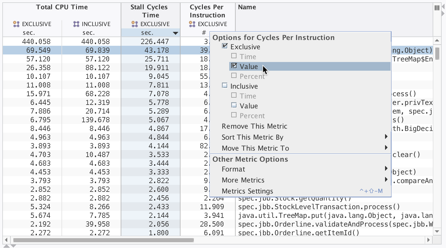 image:Example of options for metrics in column headers
